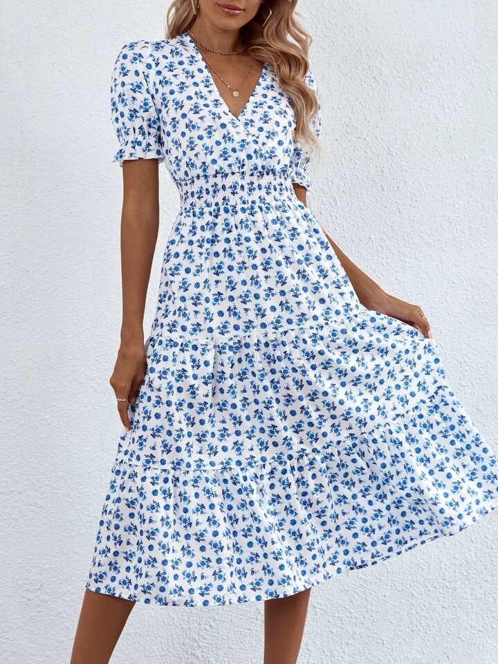 SHEIN Frenchy Floral Print Ruffle Hem Shirred A-line Dress | SHEIN