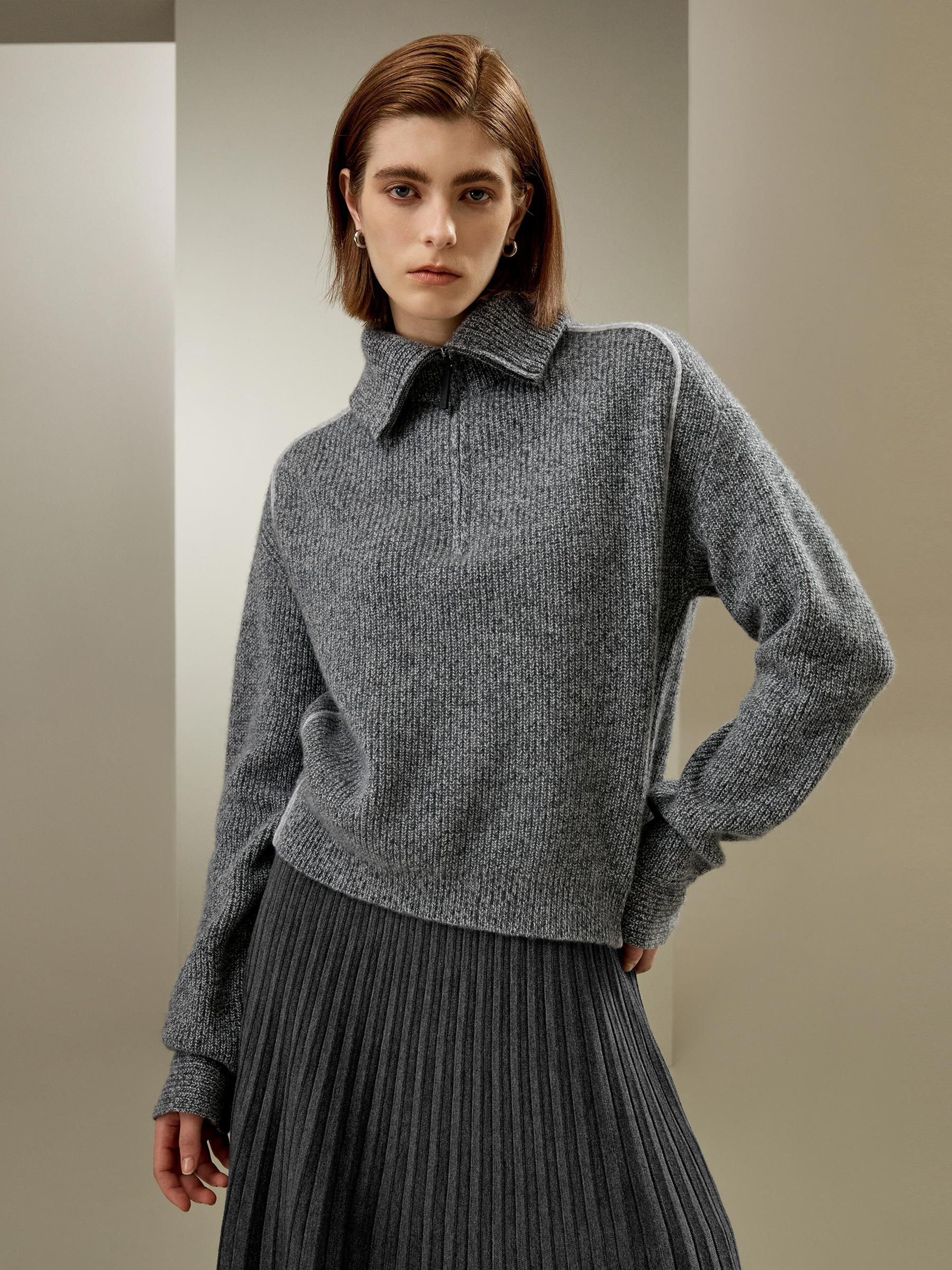 Cashmere Half Zip-Up Ribbed Sweater | LilySilk