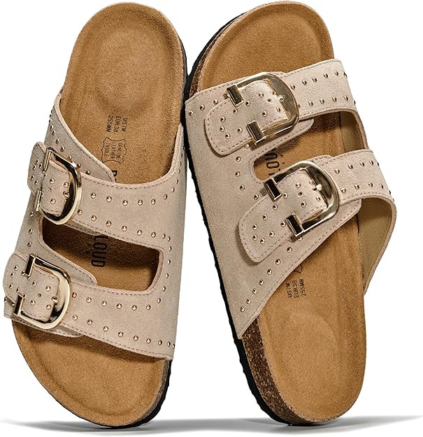 Project Cloud 100% Genuine Leather Flat Sandals For Women 2026 Cork Footbed Womens Sandals with M... | Amazon (US)