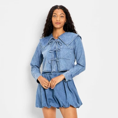 Women's Relaxed Flat Collar Long Sleeve Tie-Front Blouse - Future Collective Blue Denim | Target