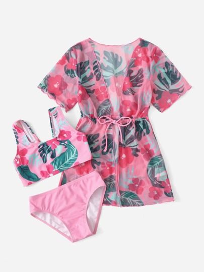 Toddler Girls Tropical Print Bikini Swimsuit With Kimono | SHEIN