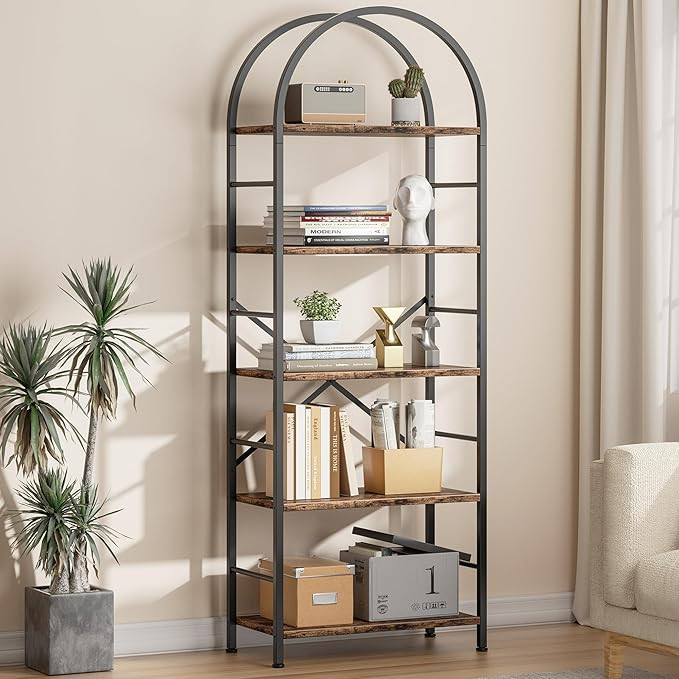 Shintenchi Bookshelf, Arched Bookshelf 5 Tier Bookcase, Tall Shelf for CDs/Books, Home Office She... | Amazon (US)