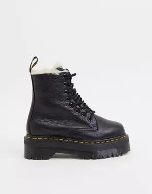 Dr Martens Jadon fluff lined chunky flatform boots in black | ASOS (Global)