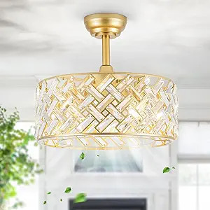 TFVV Gold Fandeliers Ceiling Fans with Lights Crystal Caged Ceiling Fan,18" Bladeless Ceiling Fan... | Amazon (US)