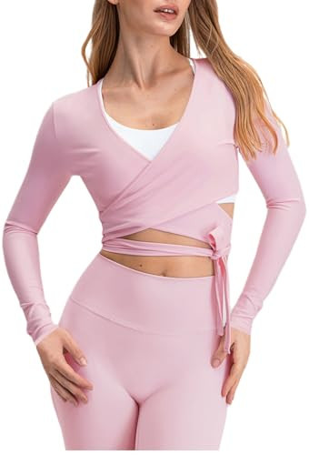 Y2k Ballet Pilates Wrap Top for Women Pink Workout Yoga Dance Long Sleeve Wrap Shirt Slim Tie Front Going Out Crop Tops | Amazon (US)