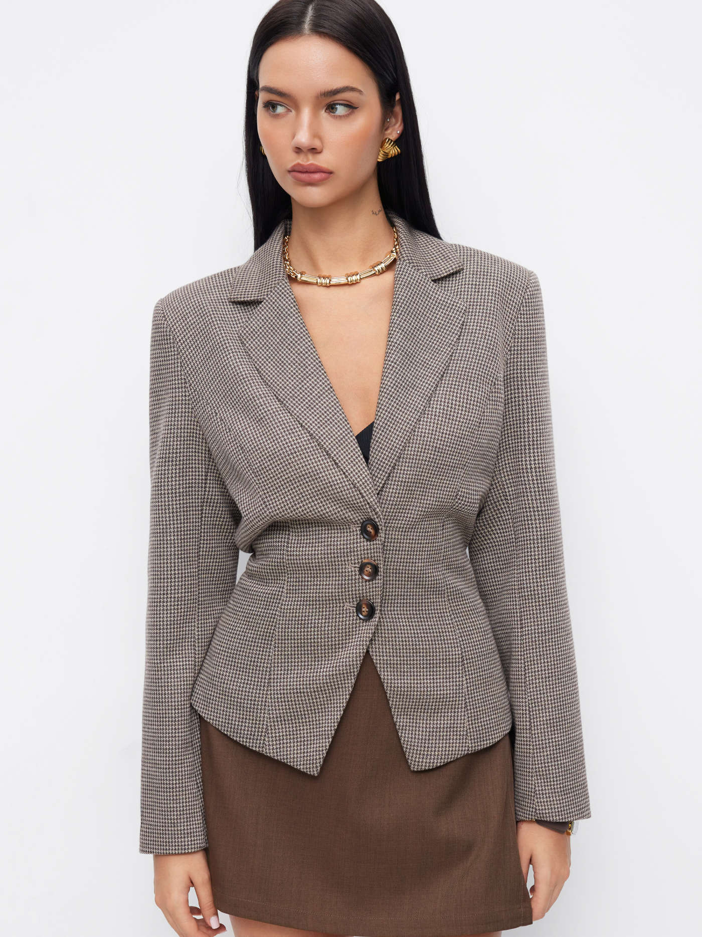 Woven Collar Houndstooth Lace Up Cinched Waist Button Blazer For Daily Casual Work | Cider