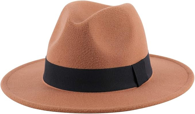 Lanzom Women Wide Brim Warm Wool Fedora Hat Retro Style Belt Panama Hat | Amazon (US)
