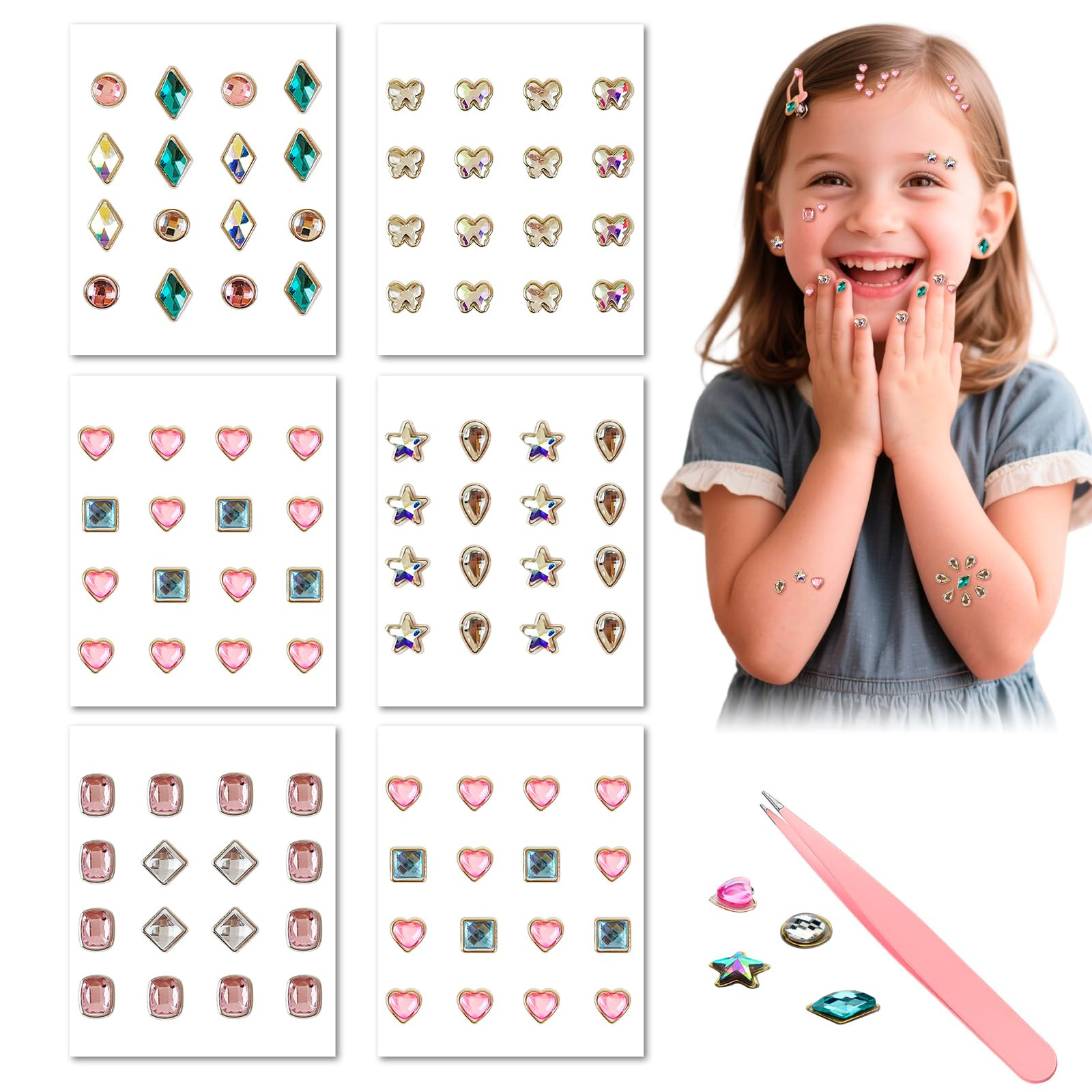 6 Sheet Strong Self-Adhesive Stick on Earings,Reusable 3D Rhinestone Jewels for Face Ear,Carnival... | Amazon (US)