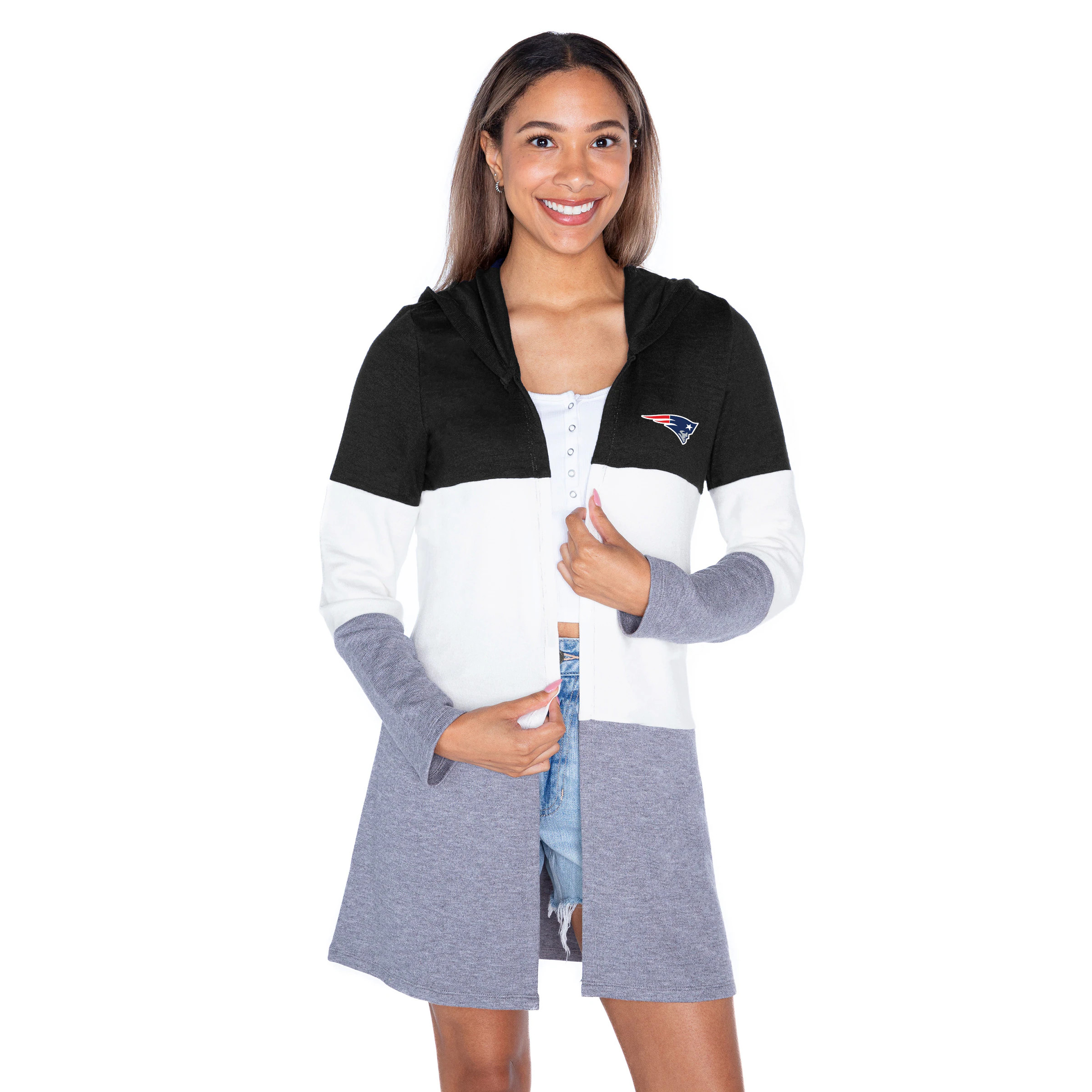 Women's New England Patriots  Gameday Couture Black Tri-Blend Color Block Lightweight Cardigan Ho... | NFL Shop