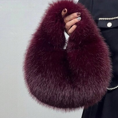 Solid Color Plush Dumpling Bag Simple Style Niche Design Faux Fox Fur Handbag Tote Small Women's Underarm Hobo Bag Fluffy, Fuzzy, Soft, Plush Casual, | SHEIN