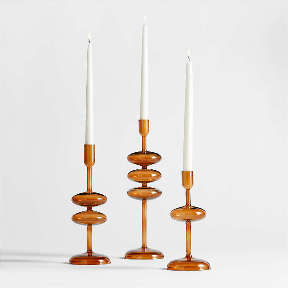 Venezia Amber Brown Glass Taper Candle Holders, Set of 3 | Crate & Barrel