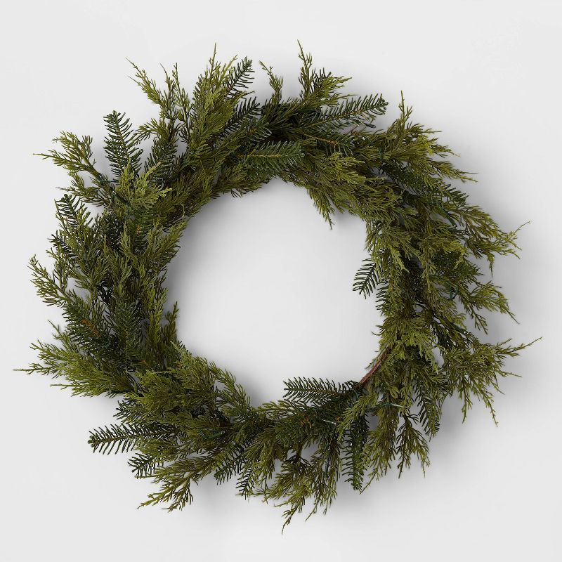 28" Pre-lit Mixed Greenery Artificial Christmas Wreath LED Warm White Lights - Wondershop™ | Target