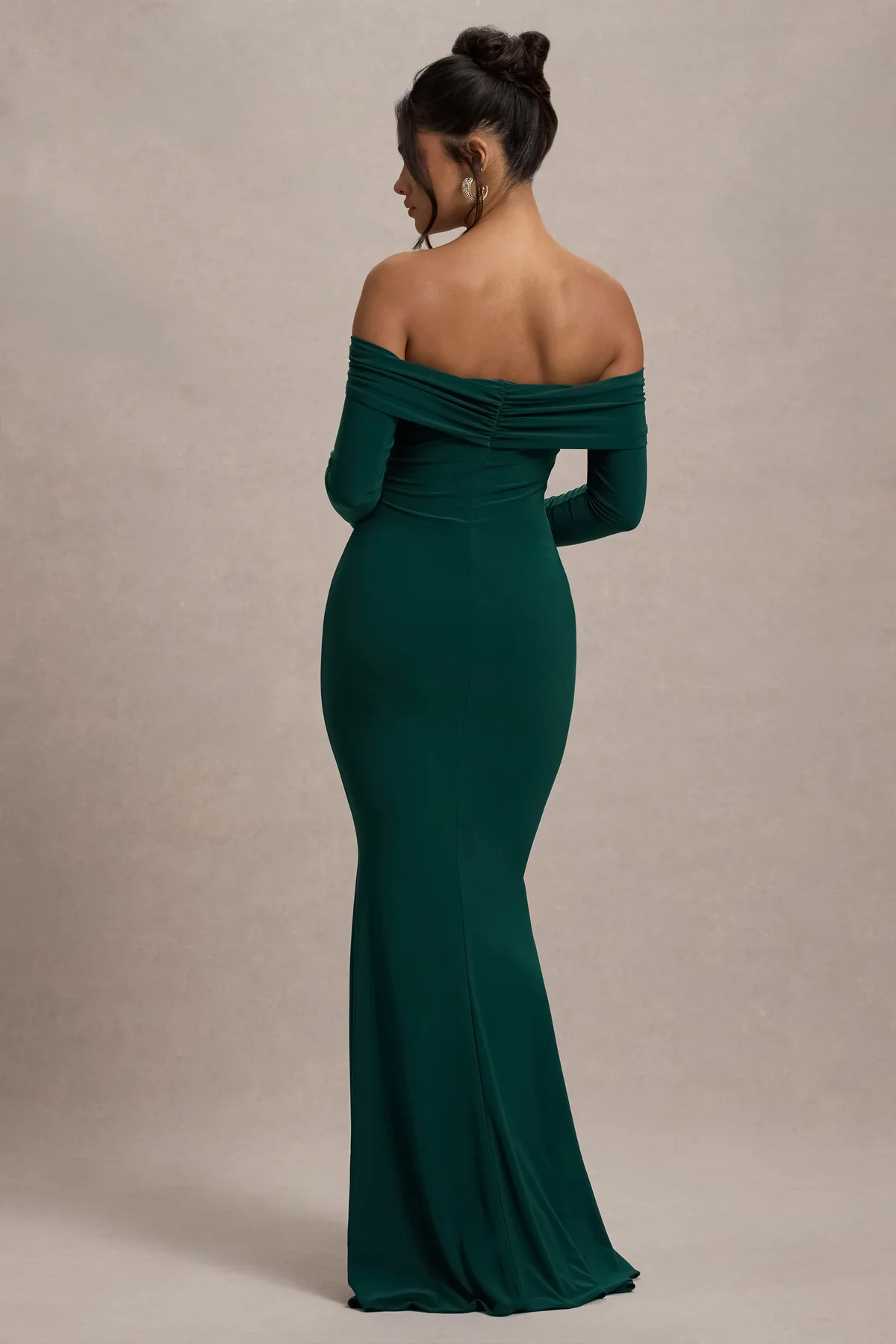 Amaia | Bottle Green Bardot Long-Sleeve Maxi Dress | Club L London