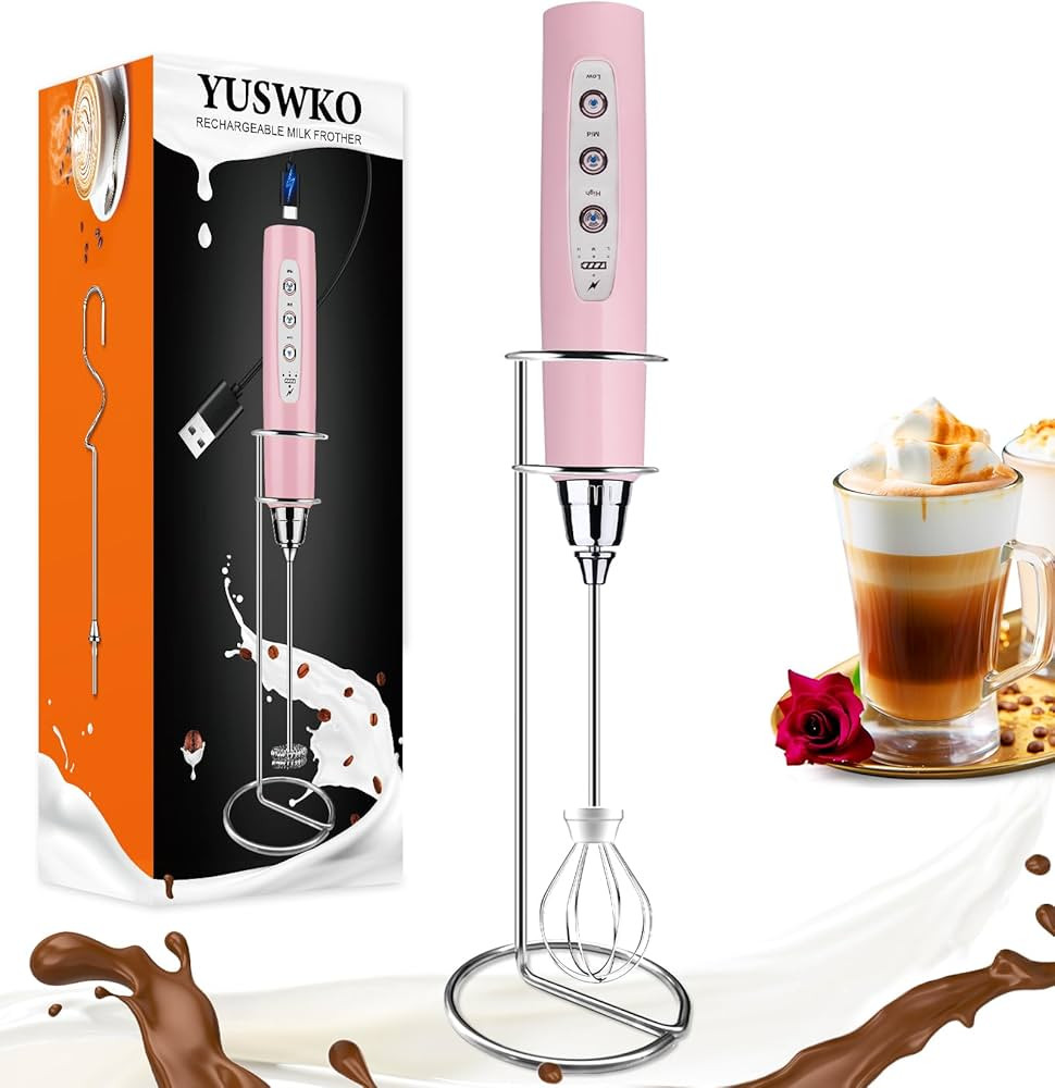 YUSWKO Pink Handheld Milk Frother Wand with Stand for Coffee, Rechargeable Electric Whisk with 3 ... | Amazon (US)