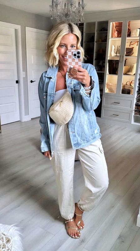 How this denim jacket is still in stock is beyond me!!!! I absolutely love it and have it in both washes! 
Jacket small (runs oversized)
Tank small
Pants small (runs oversized)
Sandals TTS

#LTKstyletip #LTKfindsunder100 #LTKfindsunder50
