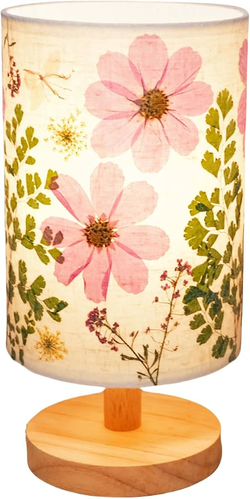 Dried Flowers Small Table Lamp 5W LED 3-Color Bedside Lamp Pressed Flowers Lampshade with Wood Ba... | Amazon (US)
