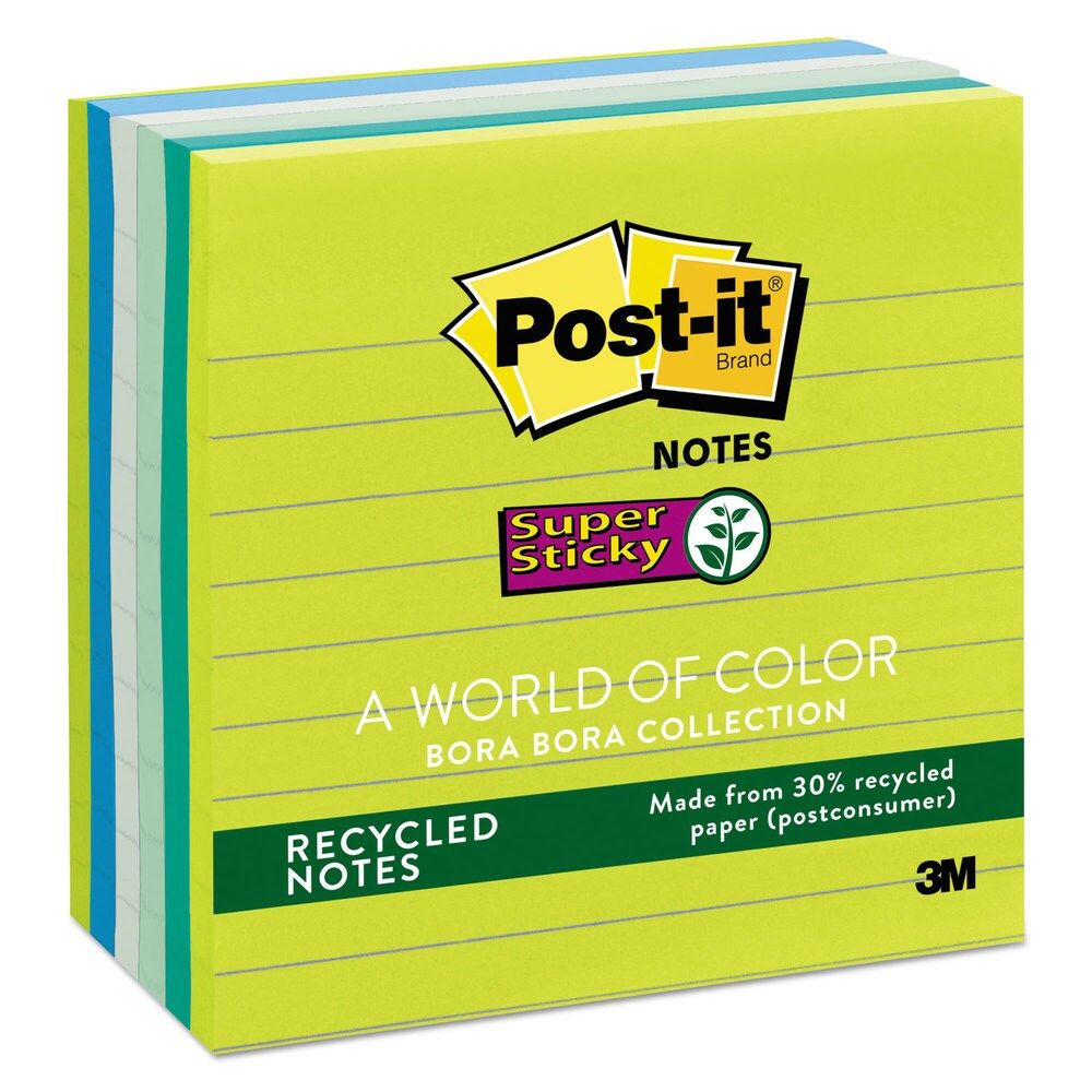 Post-it Notes Super Sticky Recycled Notes in Bora Bora Colors Lined 4 x 4 90-Sheet 6/Pack (Assorted) | Bed Bath & Beyond