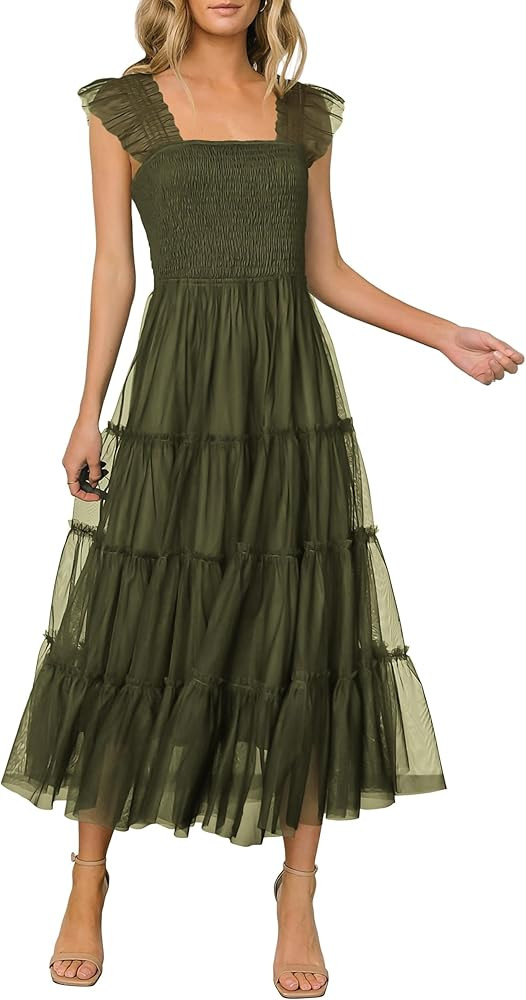 PRETTYGARDEN Womens 2024 Summer Casual Sleeveless Smocked Ruffle Tulle Flowy Beach Sundress | Amazon (US)