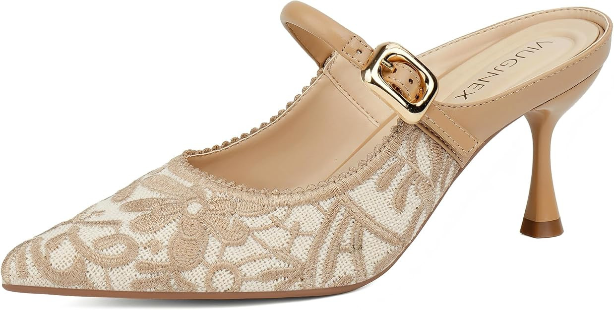 VIUGJNEX Closed Toe Kitten Heel Mules for Women | Pointed Toe, 2.75-Inch Low Heel, Open Back, Sli... | Amazon (US)