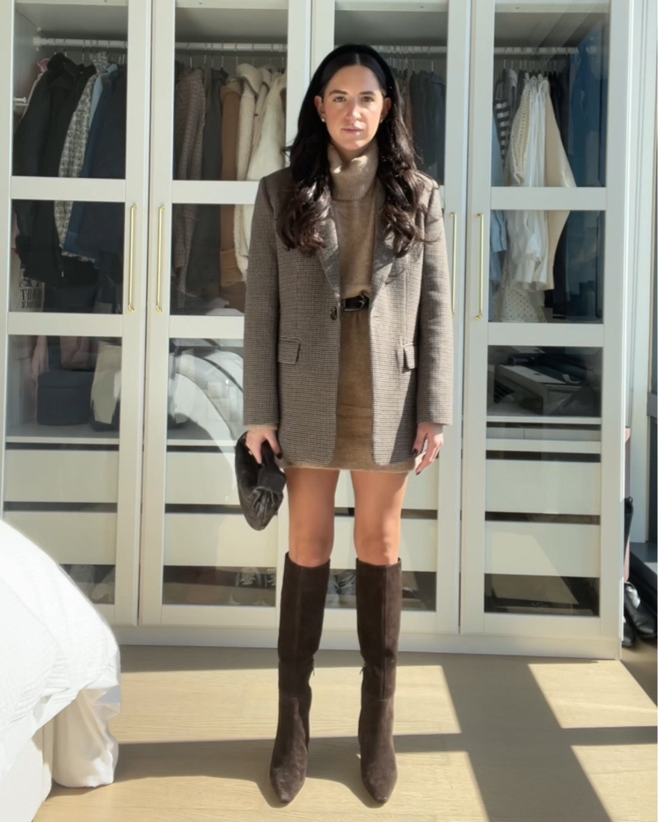 Size small dress 
XSmall blazer 

Fall outfit, sweater dress, knee high boot, 

#LTKstyletip #LTKSeasonal #LTKworkwear