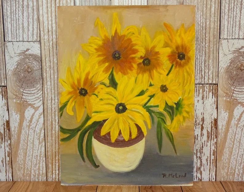1969 Floral Still Life Original Oil Painting Yellow Flowers in Jug Vase O/B Signed R. McLeod 12x1... | Etsy (US)