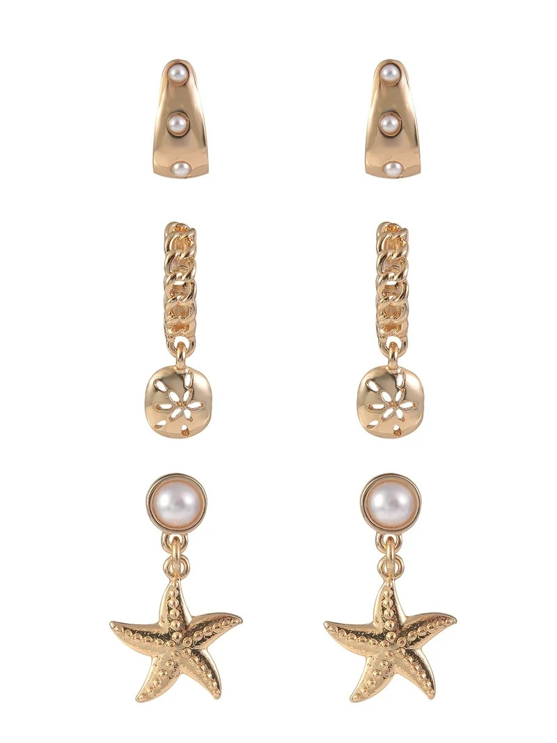 Time and Tru Adult Female Gold-Tone Metal Starfish and Acrylic Pearl Multi Earring Stacker Set - ... | Walmart (US)