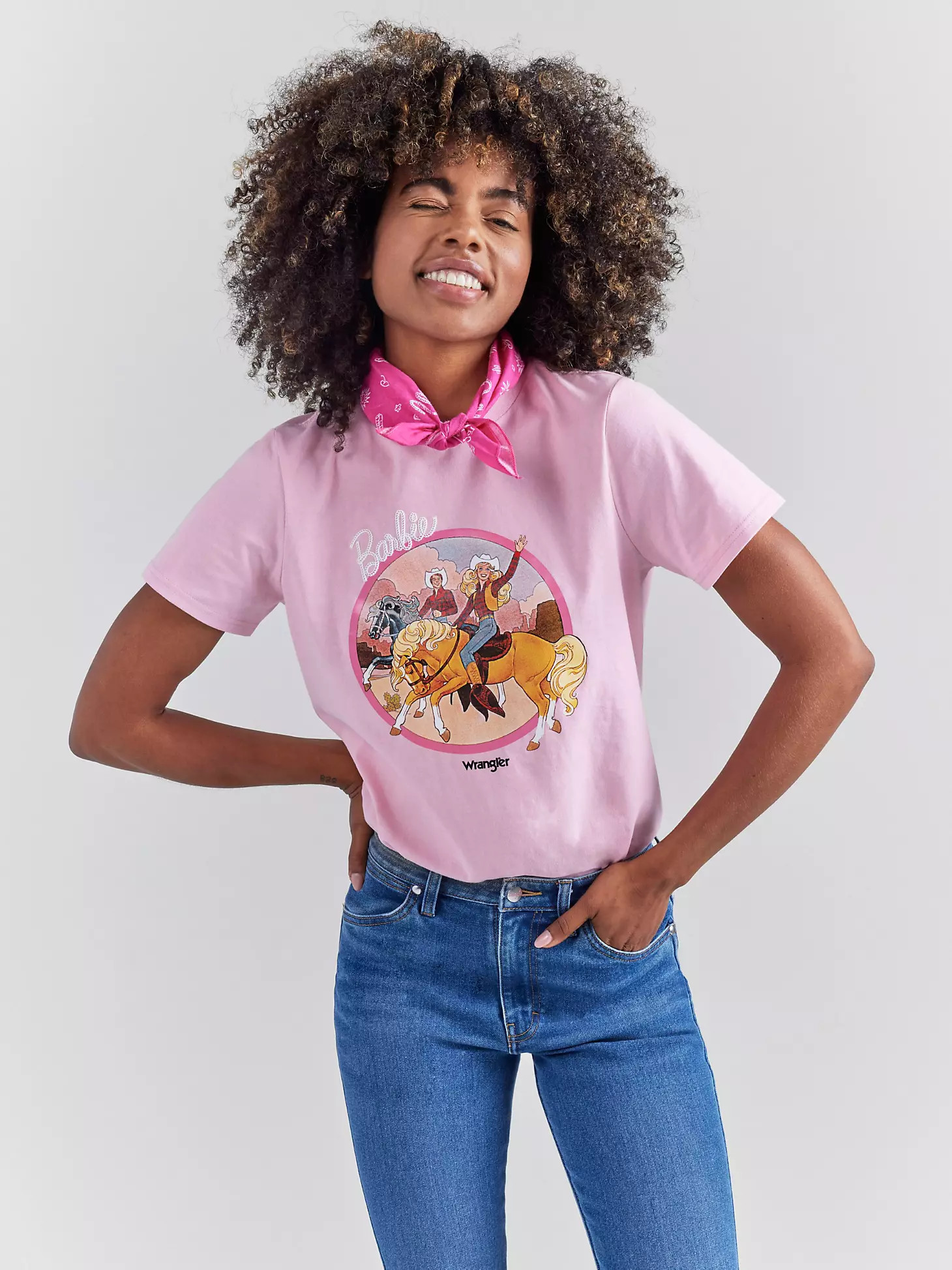 Wrangler x Barbie™ Cowgirl Graphic Reg Fit Tee in Positive Pink | Wrangler