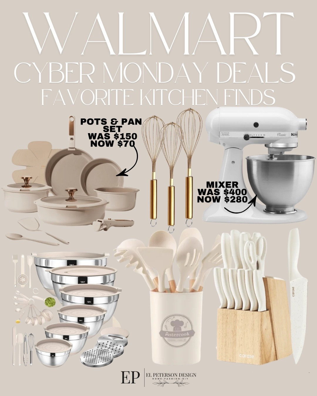 Walmart
Cyber day deals 
Pot and pan set
Knife set
Mixing bowls
Utensil
Mixer 

#LTKCyberWeek #LTKFindsUnder100 #LTKFindsUnder50