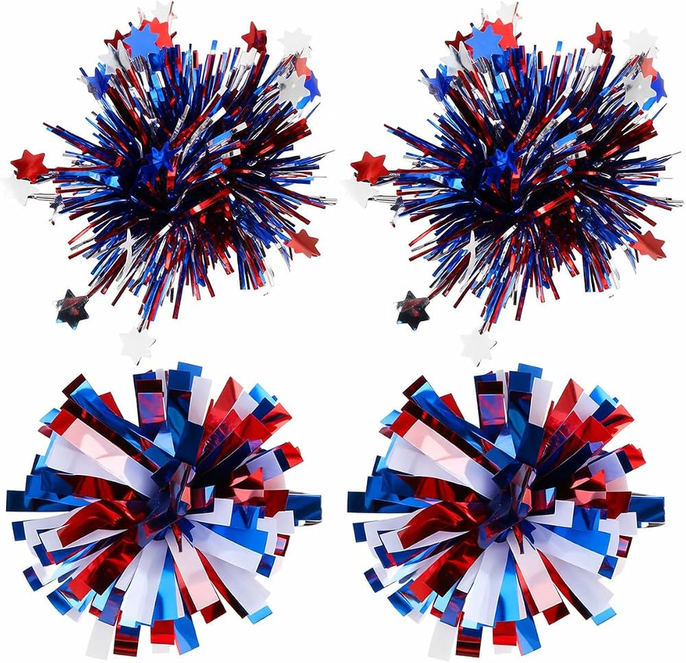 4th of July Hair Clips 4 Pack, Patriotic Red White Blue Tinsel Pom Pom Hair Accessories for Women... | Amazon (US)