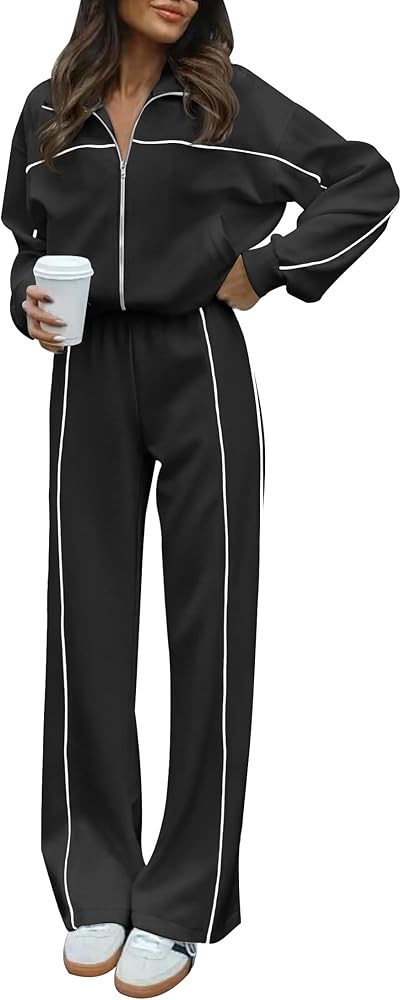 HAEOF Women 2 Piece Sweatsuit 2024 Fall Outfits Long Sleeve Zip Up Sweatshirt Jogger Pants Machti... | Amazon (US)