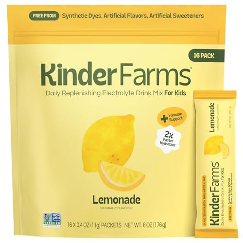KinderFarms Kids Daily Hydration Electrolyte Powder – Drink Mix Packets (Lemonade, 16 Count), No Artificial Dyes, Sweeteners or Flavors - Vegan, Non-GMO, Gluten-Free, FSA-HSA | Amazon (US)
