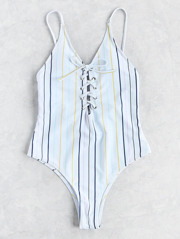 Striped Lace Up Cami Swimsuit | SHEIN