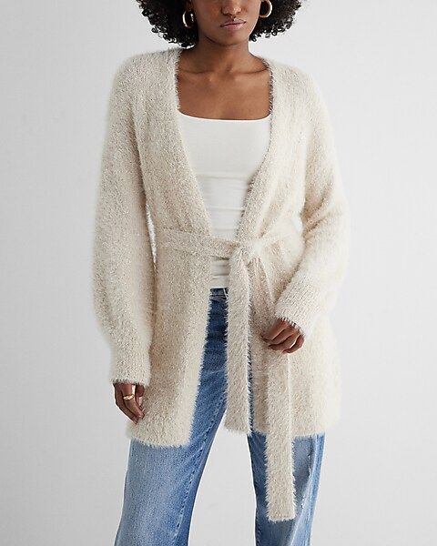 Faux Fur Sequin Balloon Sleeve Belted Cardigan | Express