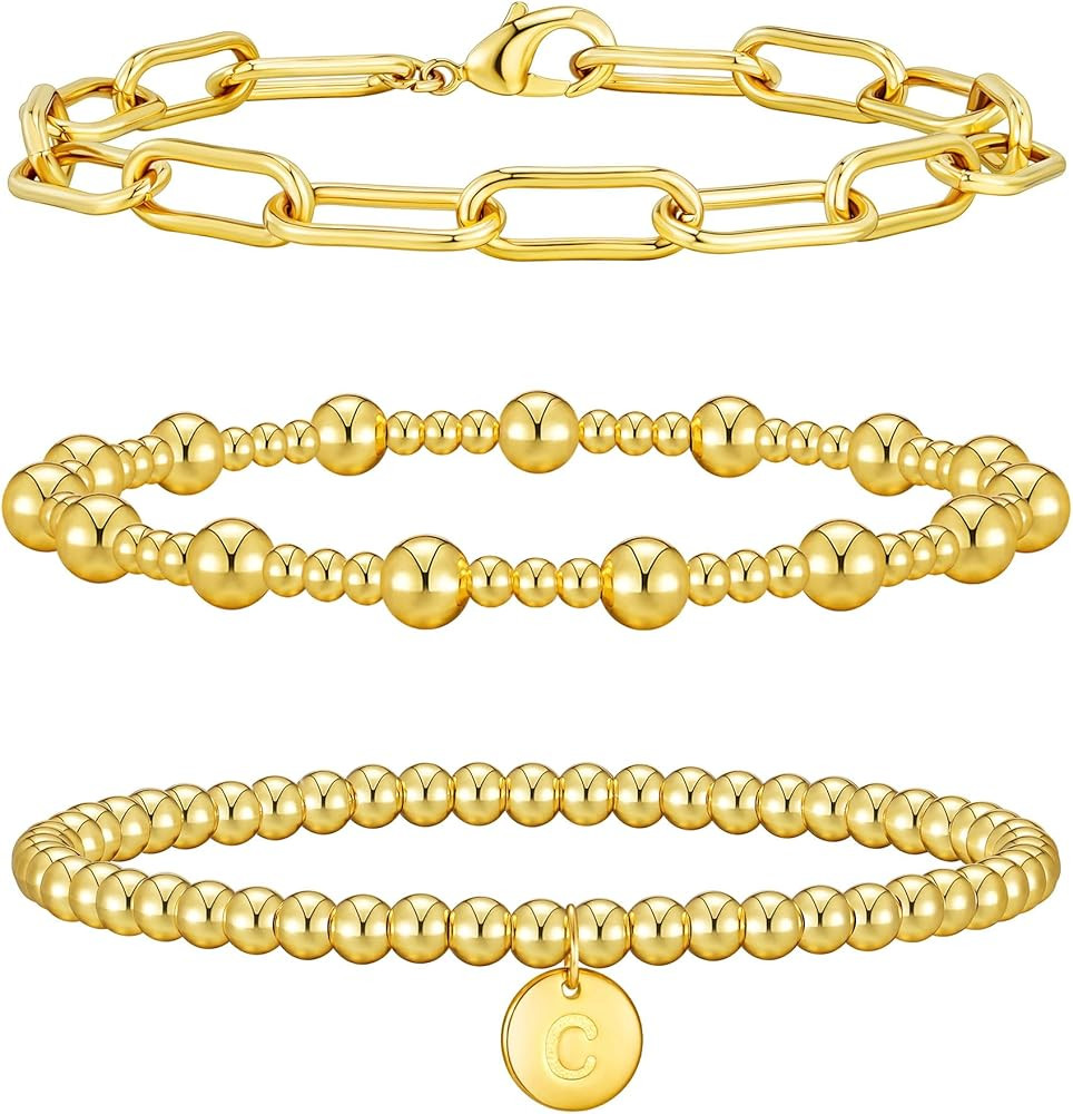 Wowshow Gold Bracelets for Women Strand Gold Beaded Bracelets for Women Initial Bracelet with A-Z... | Amazon (US)