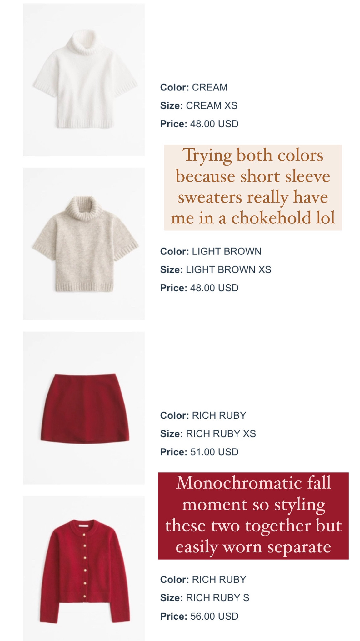 Up to 20% off + extra 15% off with AFCHAMP
Dark red skort (XS) / dark red cardigan (SM) / short sleeve turtleneck sweater (XS) 

#LTKSaleAlert