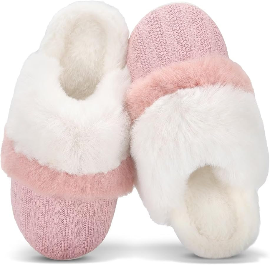 NineCiFun Women's Two-Tone Fuzzy Collar House Slippers Memory Foam Plush Faux Fur Lining | Amazon (US)