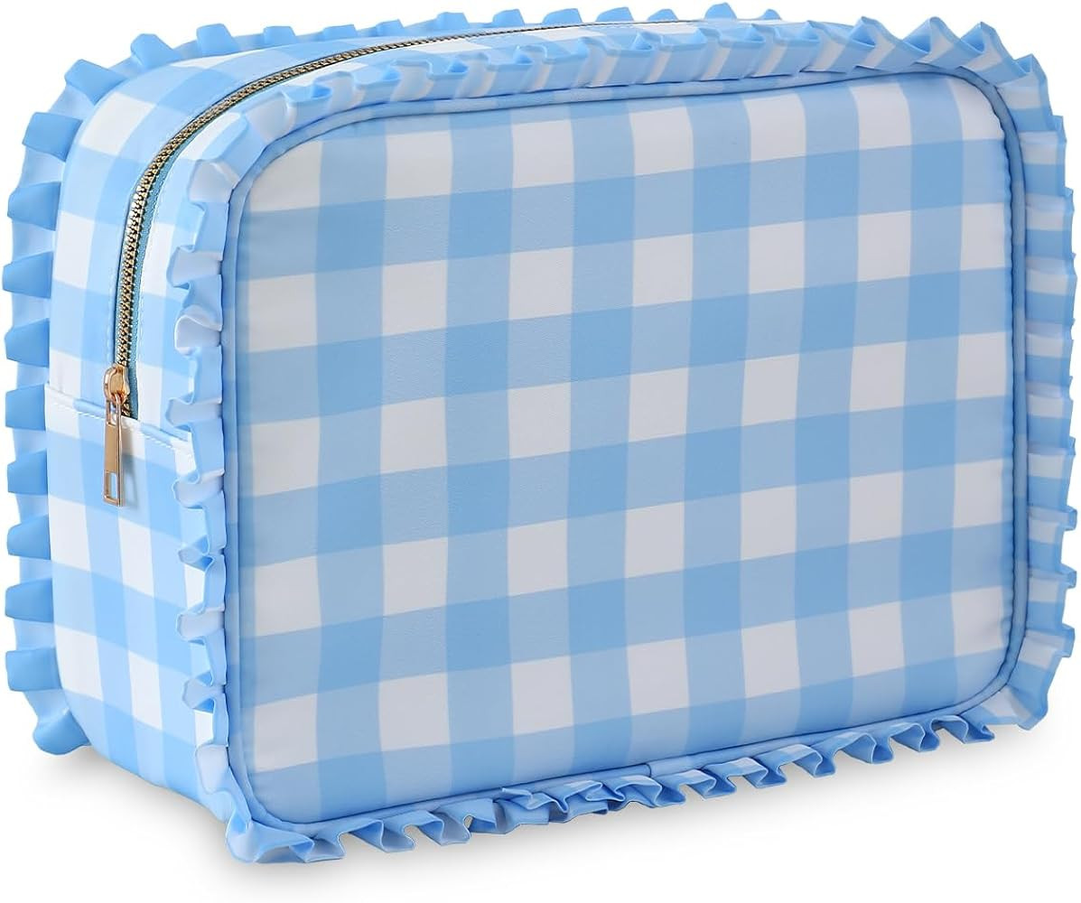 Gingham Ruffle Makeup Bag,Large Travel Cute Cosmetic Bag for Women Girls,Toiletry Bag Make up Organizer 11.8 x 4.7 x 9 inch (Blue Gingham) | Amazon (US)