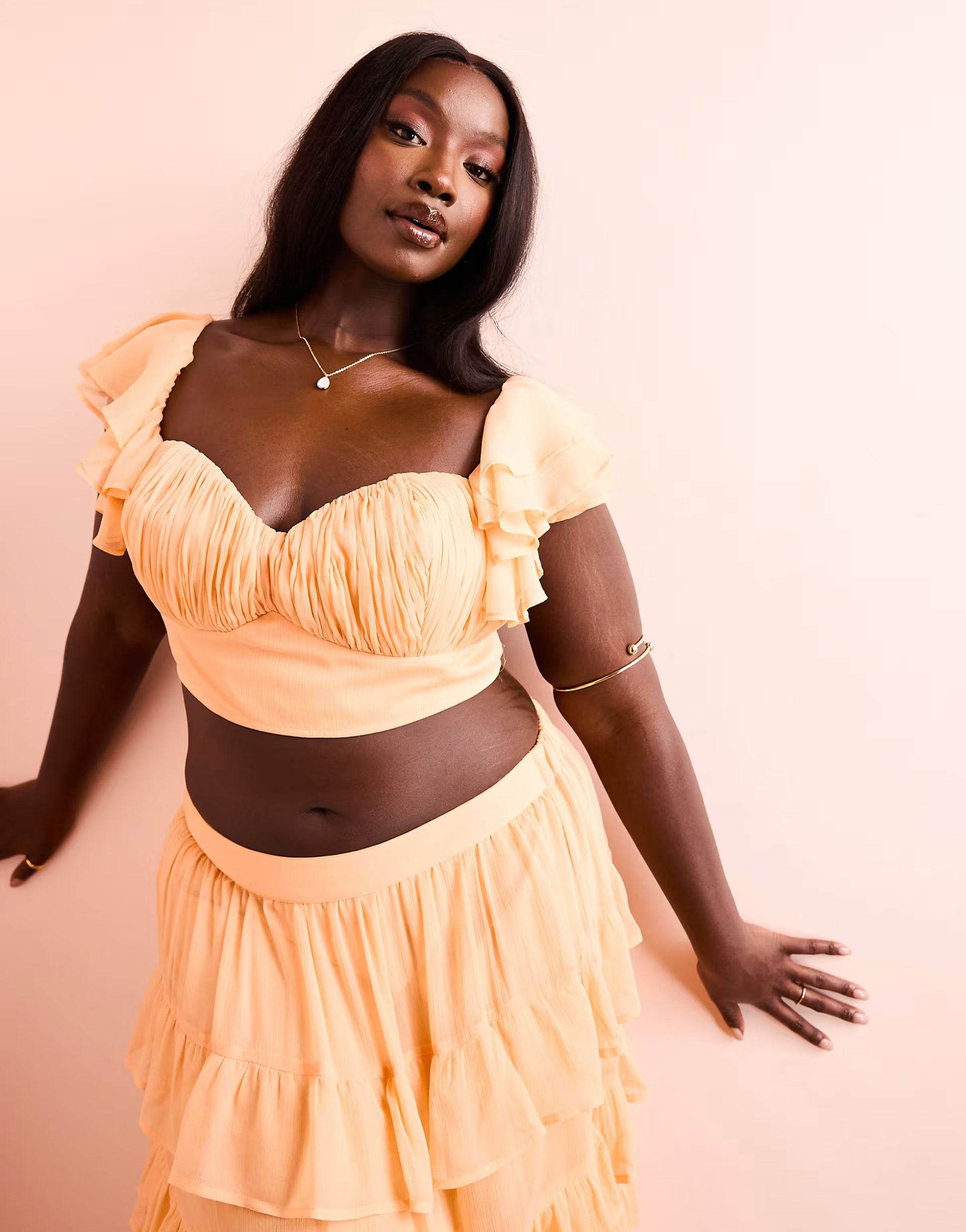 ASOS LUXE Curve beach ruched bralet with tiered sheer sleeves in apricot - part of a set | ASOS (Global)