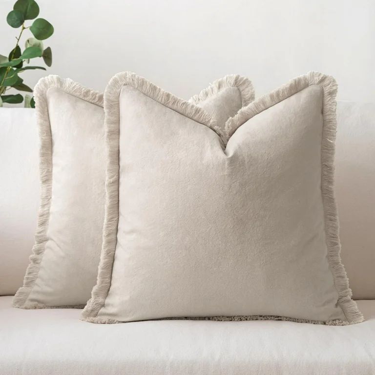 MIULEE Throw Pillow Covers 16x16 Set of 2 Beige Pillow Covers with Fringe Chic Cotton Decorative ... | Walmart (US)