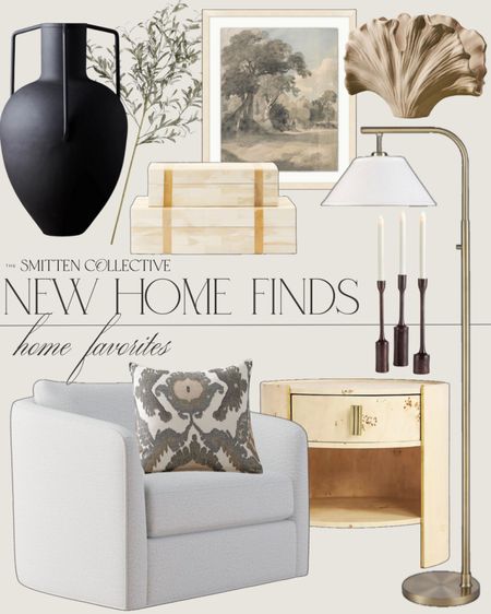 New home finds include black handled vase, greenery stem, decorative boxes, floor lamp, vase, wall art, side table, candlestick holder, accent chair, throw pillow.

Home decor, home accents, new home finds, modern home decor, moody decor

#LTKhome #LTKfindsunder100 #LTKstyletip