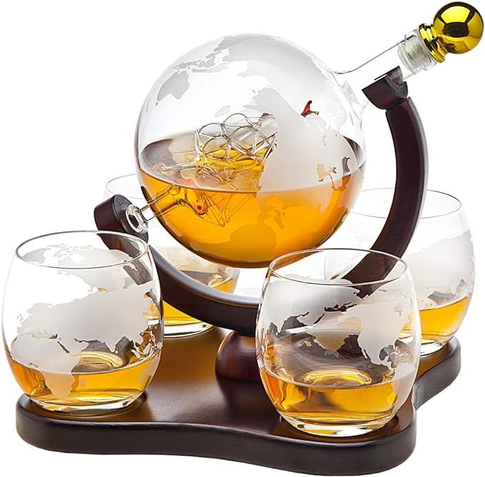 Whiskey Decanter Globe Set with 4 Etched Globe Whisky Glasses for Liquor, Scotch, Bourbon, Vodka,... | Amazon (US)