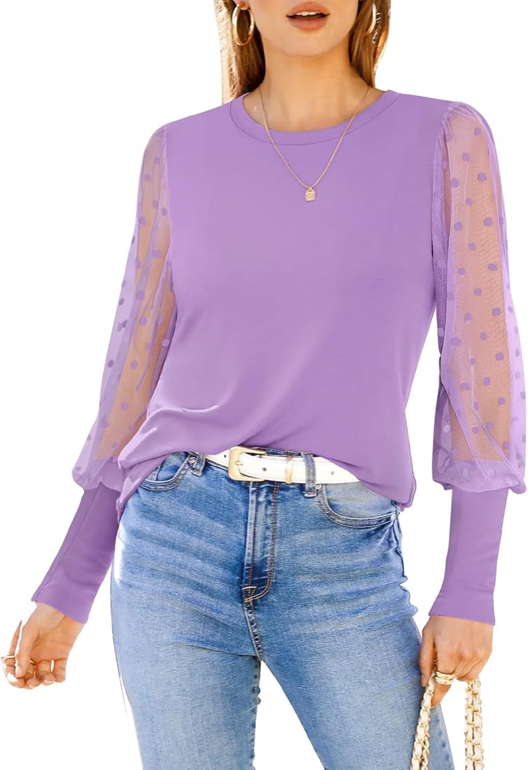 Womens Mesh Long Sleeve Shirts Casual Crew Neck Lace Polka Dot Blouses Puff Balloon Sleeve Tops | Amazon (US)