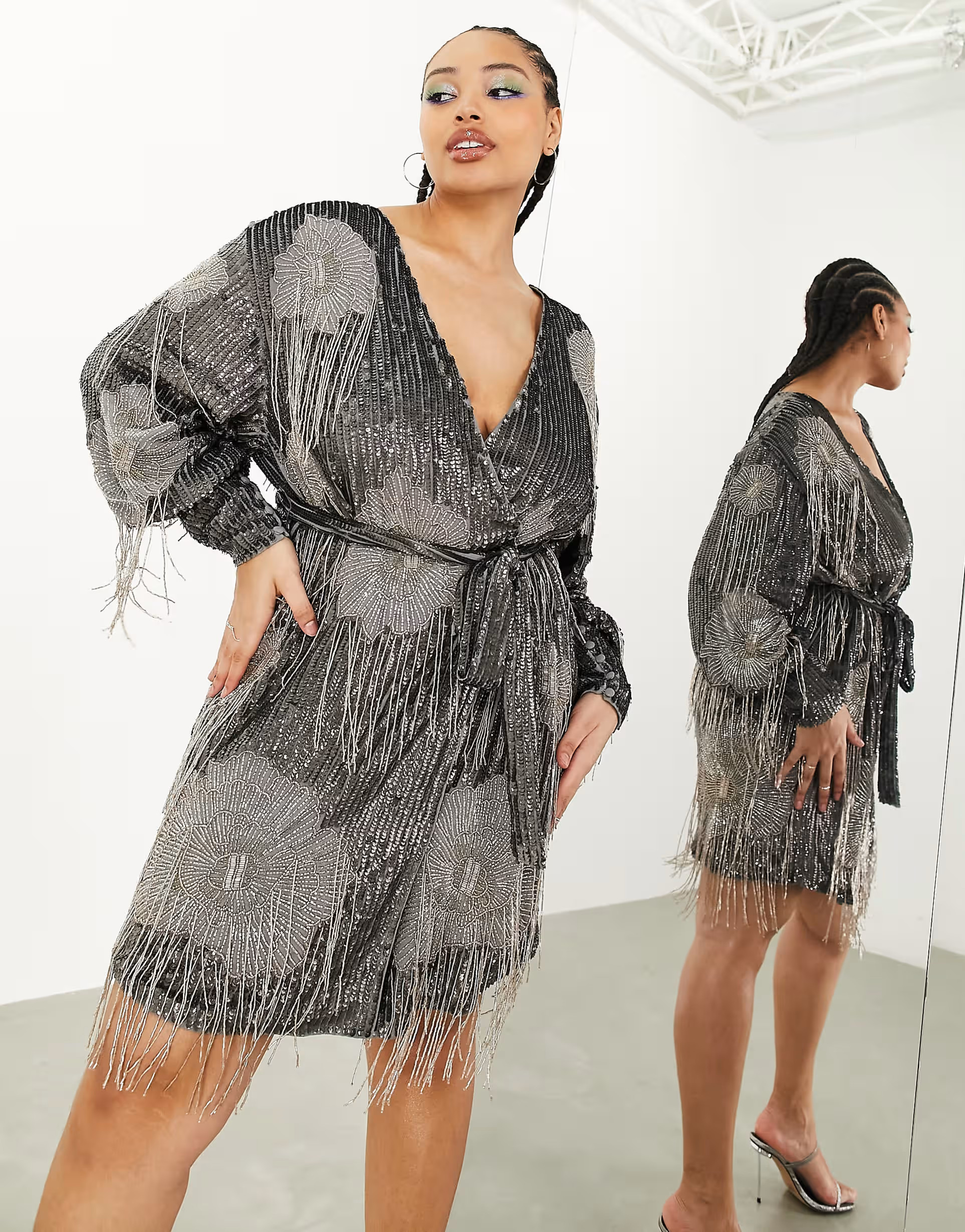 ASOS EDITION Curve floral fringe sequin wrap mini dress in charcoal | ASOS | ASOS (Global)
