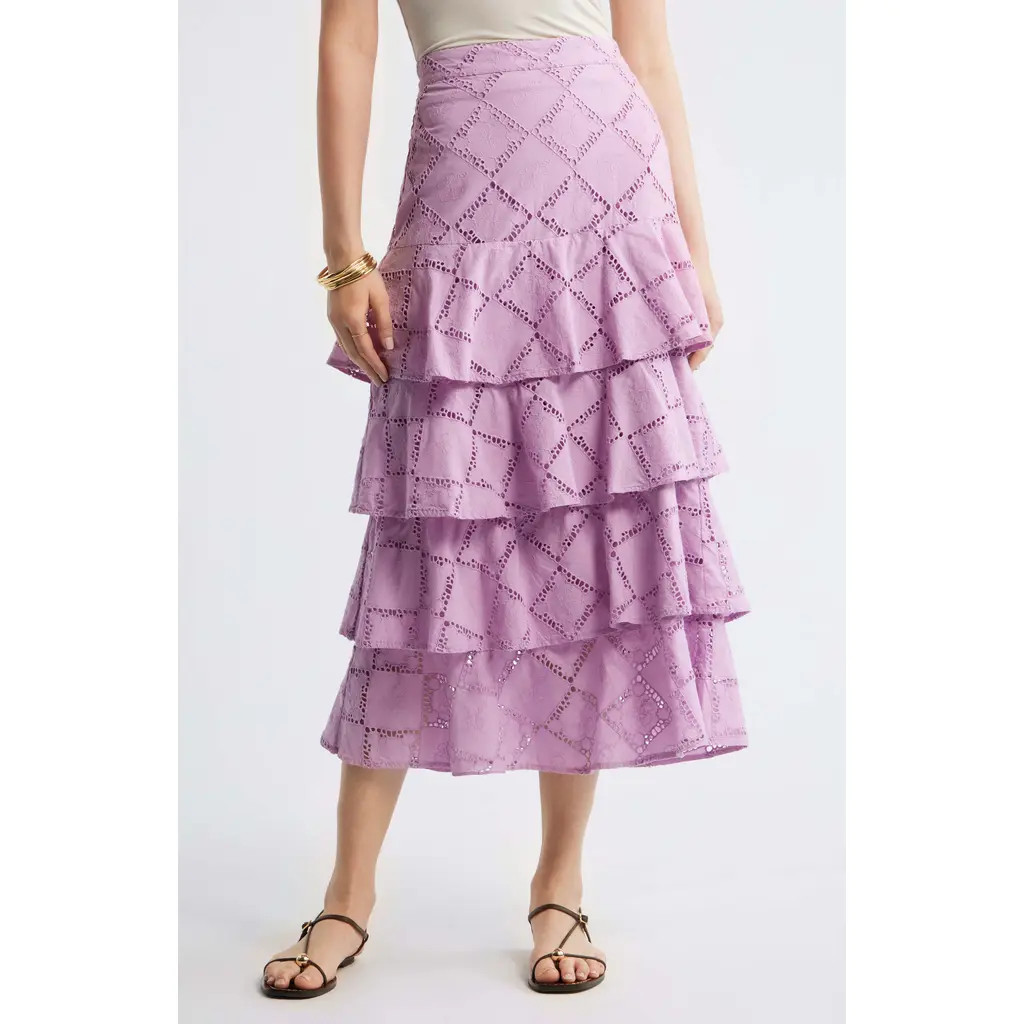 Treasure & Bond Tiered Eyelet Embroidered Maxi Skirt in Pink Gale at Nordstrom, Size Xx-Large | Nordstrom