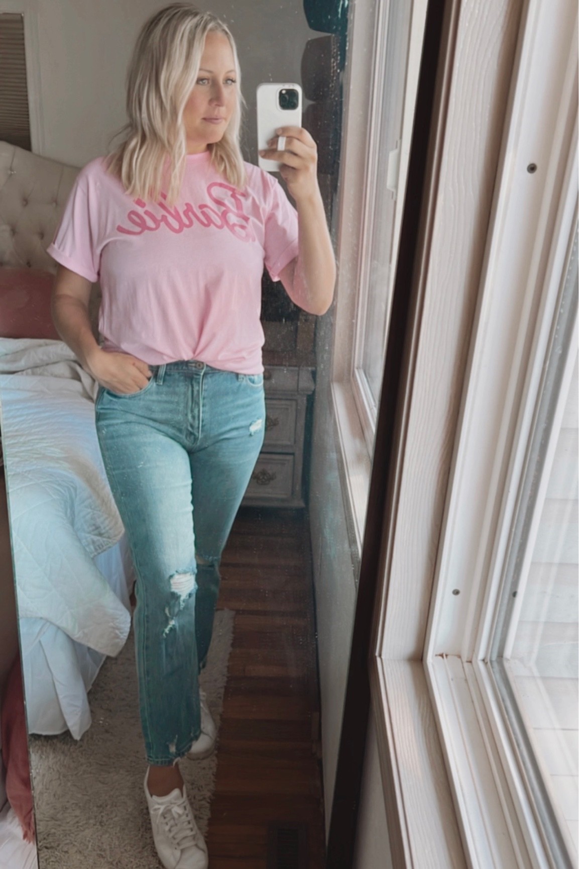 Wore this cute and casual outfit to the lumber yard to meet with a client today! Love a tee with some sneakers and accessories to dress it up. 

#LTKshoecrush #LTKstyletip #LTKbeauty