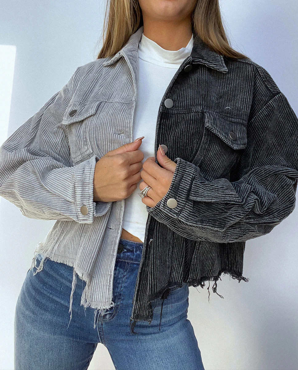 Vintage Latte Corduroy Cropped Jacket- Black/Grey | Willow Boutique