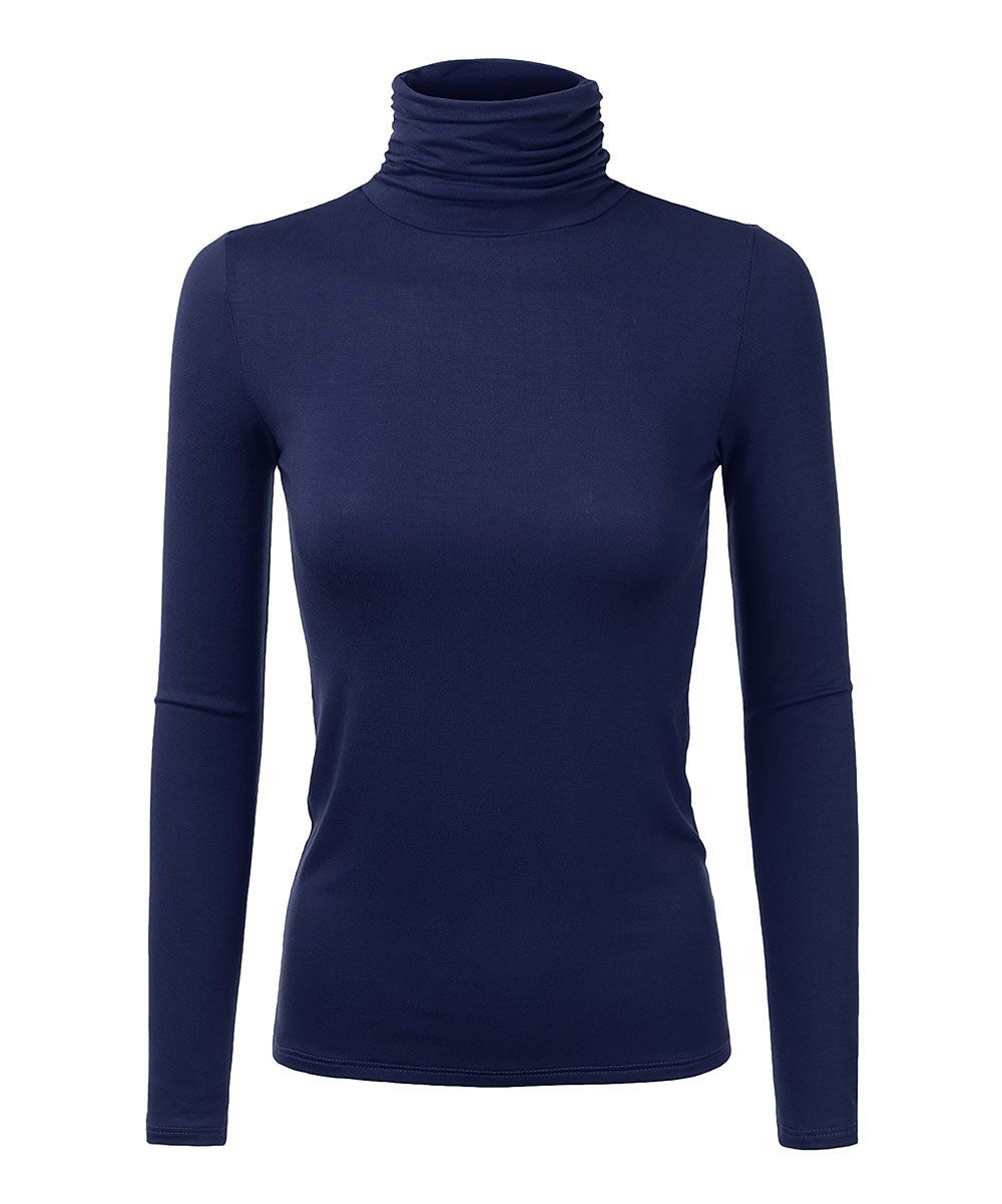 Doublju Women's Turtlenecks NAVY - Navy Shirred Long-Sleeve Turtleneck - Women | Zulily