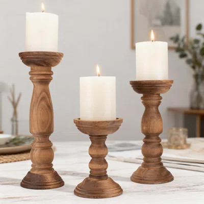 Farmhouse Wooden Candle Holders Set Of 3, Rustic Table Centerpiece Decor For Pillar And Flameless Candles, Vintage Tall Candle Stand | Wayfair North America