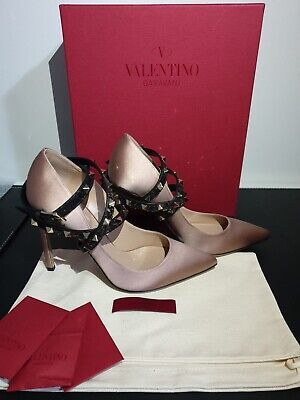 Valentino Rockstud Satin Poudre Contrast Black Leather Wrap Around Strap Heels | eBay US