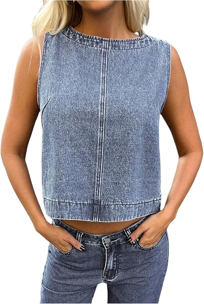 Milumia Women's Denim Vest Tank Top Sleeveless Round Neck Loose Fit Casual Jean Vests Streetwear | Amazon (US)